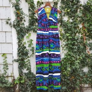 60s Vintage Barkcloth Hawaiian Maxi Dress Blue Mod